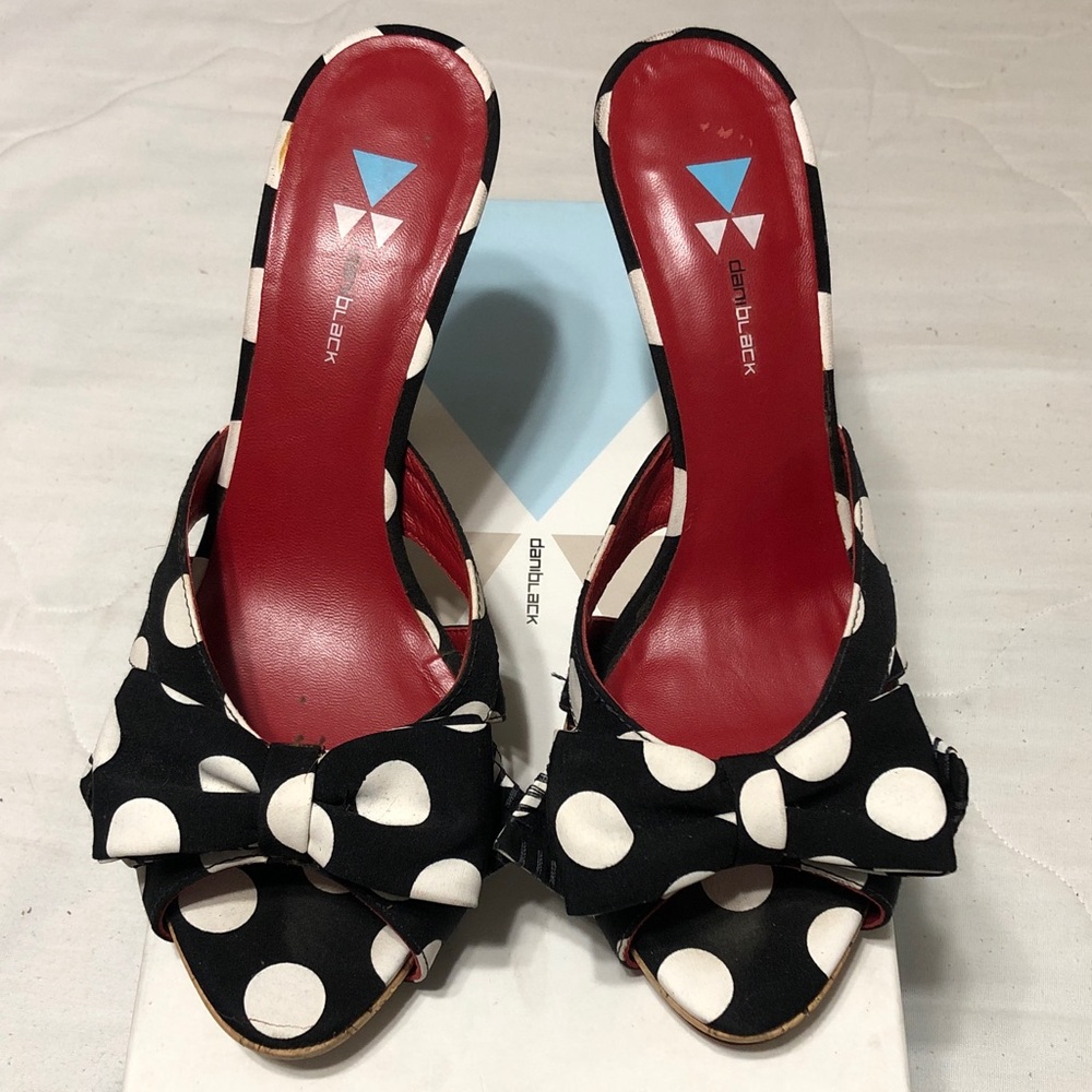 daniblack Polka Dot Bow Peep-Toe Mules in Black and Red -7.5M “LIKE NEW”